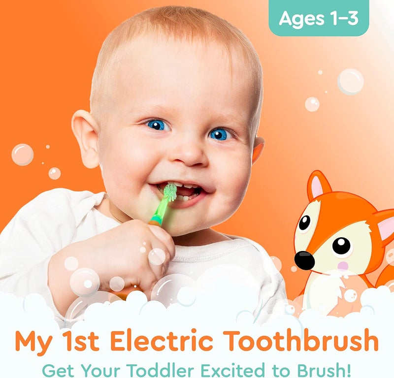 Brusheez Little Toddlers’ Sonic Toothbrush - Safe & Gentle Toothbrush for Ages 1-3 with Built-in, Light-Up 2-Minute Timer, Extra Brush Head, & Storage Base for First-Time Brushers (Fuzzy The Fox) - Image 2